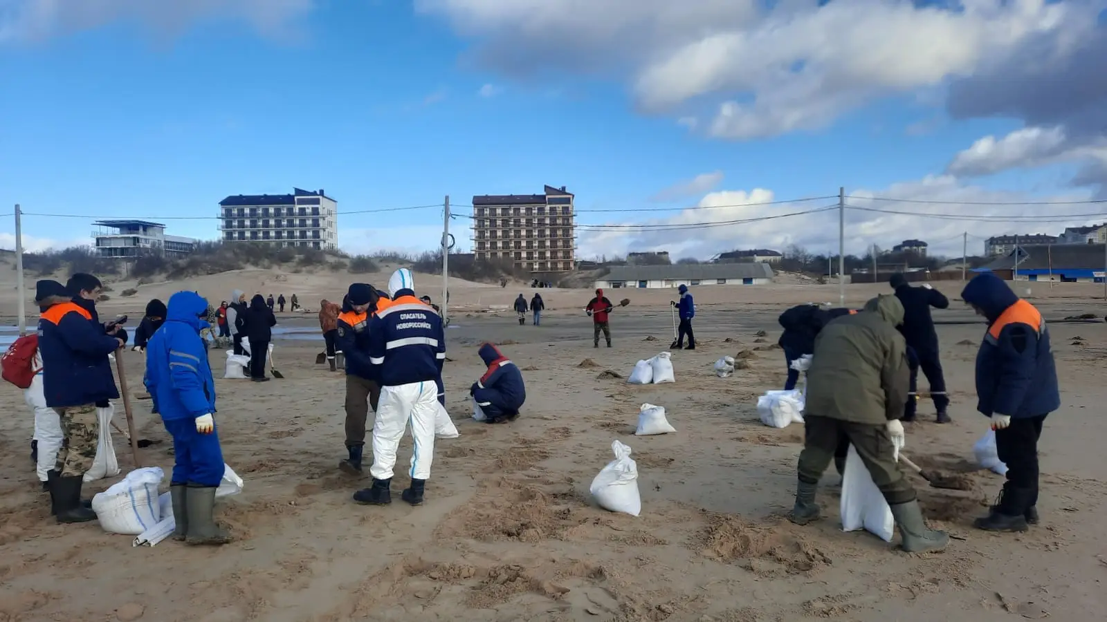 Тысячи добровольцев из разных городов и районов Краснодарского каря помогают спасателям в уборке территории пляжа от нефтепродуктов. © Пресс-служба Администрации города Новороссийска. Екатерина Резун